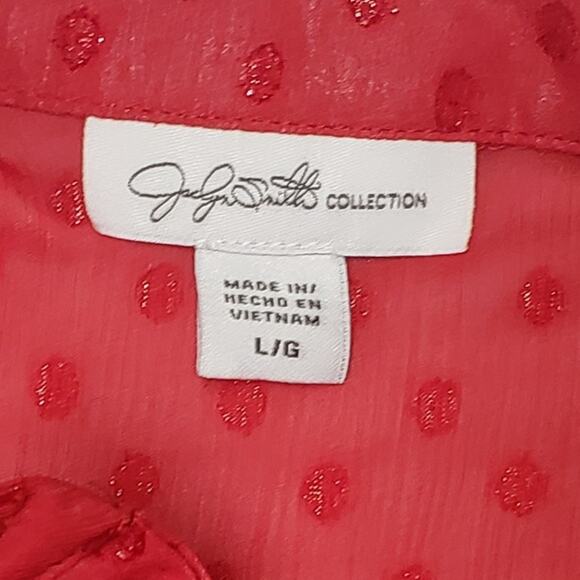 Jaclyn Smith Red Gold Shimmer Blouse L – Ruffle Front, Sheer Layer, Vintage Glam - Picture 8 of 9